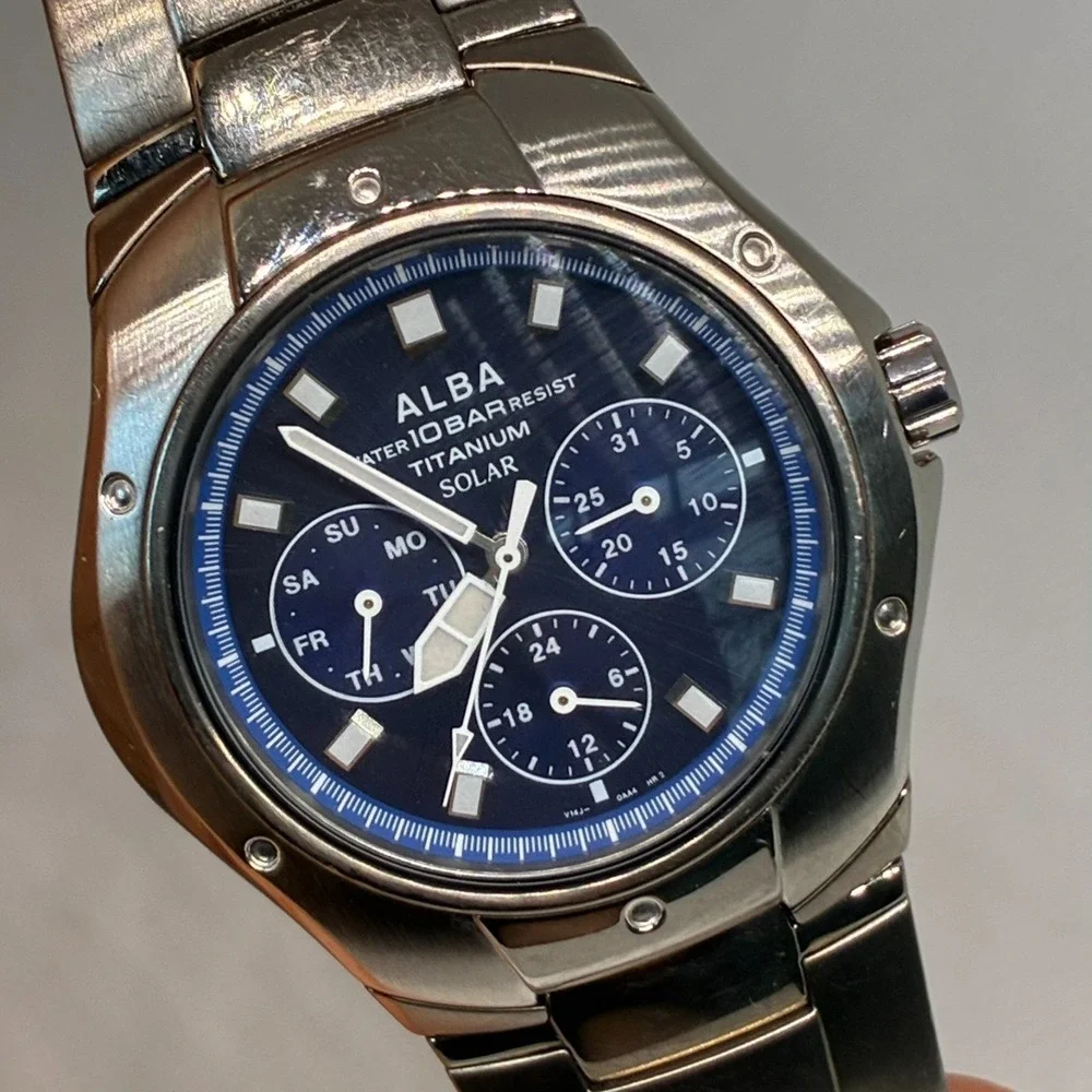 Vintage Seiko Alba Titanium Solar V14J-0AA0 Men Watch Blue Day Date Sport-READ!!